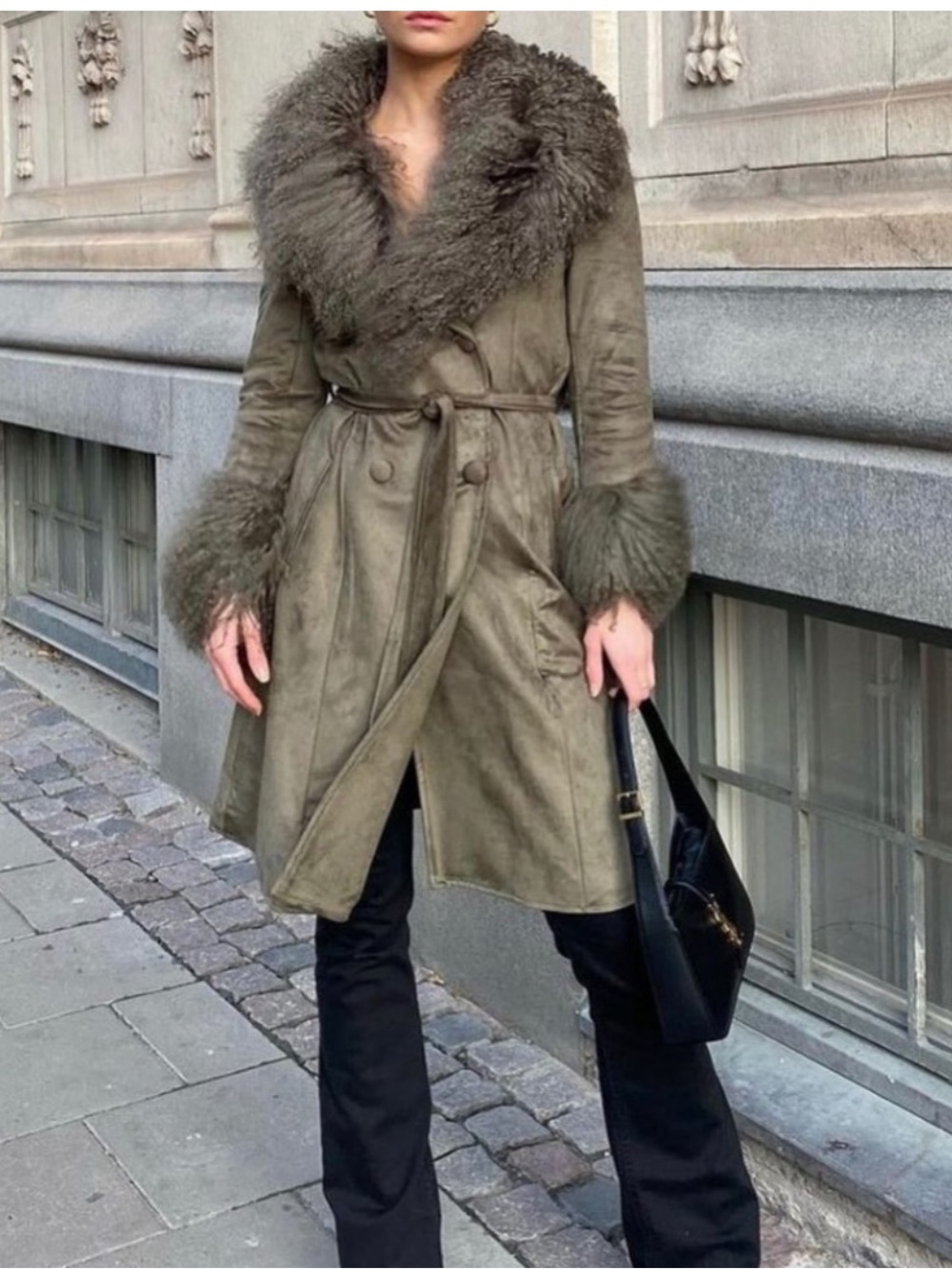 NEW Charlotte Simone Penny Faux Suede Shearling Coat Khaki Green
